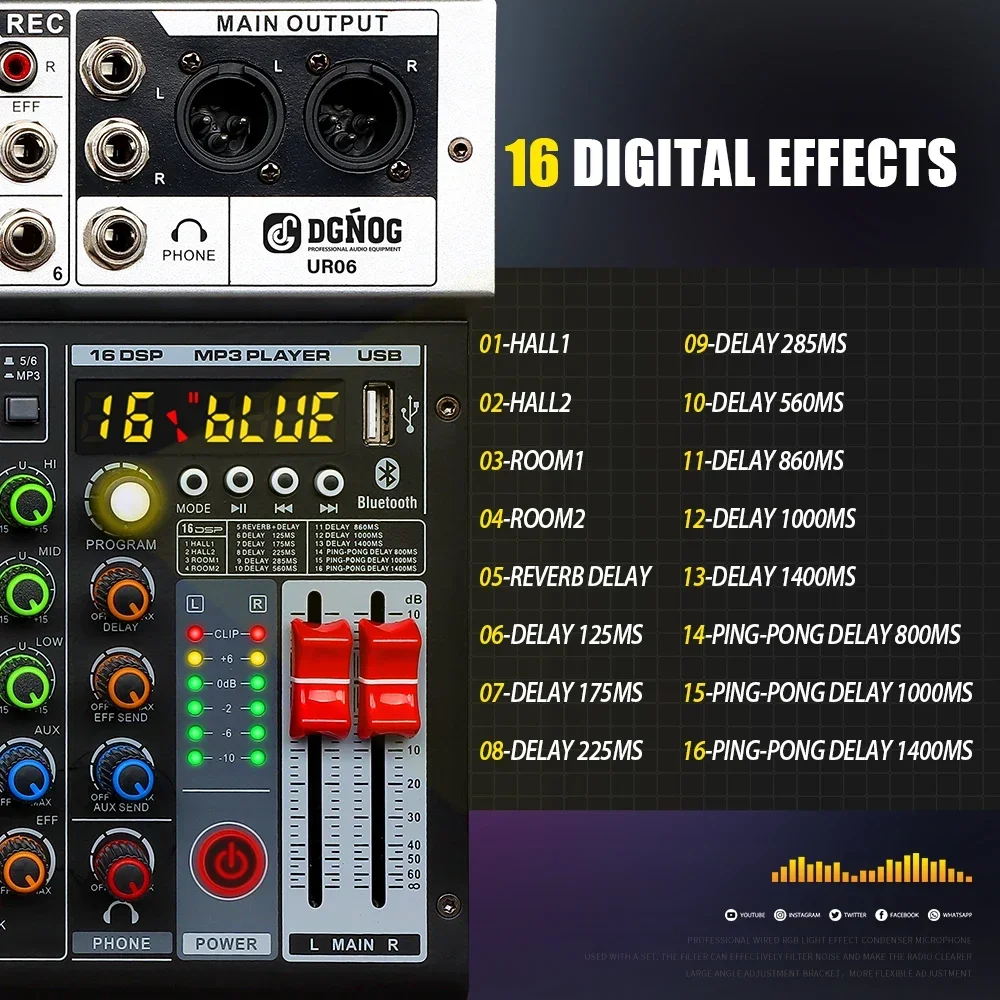 DGNOG UR06 6 Channel Audio Mixer with 16 DSP Bluetooth USB Professional Mixing Console Sound Table for Studio DJ Party Recording