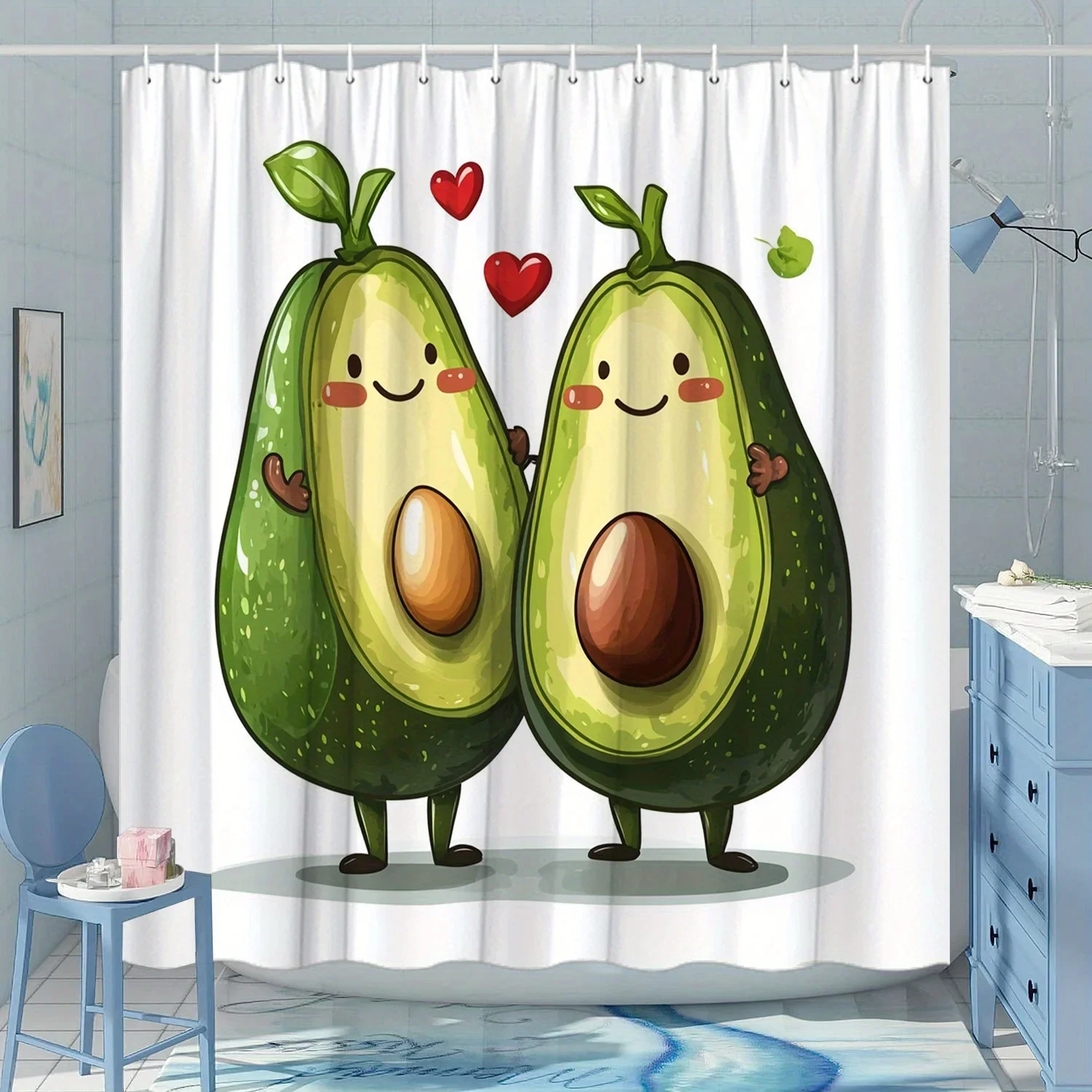 ~O~Fun Avocado Shower Curtain - Red Hearts & Cartoon Design, Polyester, 12 Hooks, Cheerful Bathroom Decor, Great for Youngsters