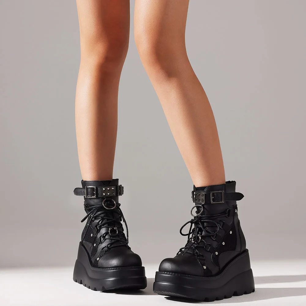 DoraTasia فاسق حذاء من الجلد منصة عودة زيبر مشبك جولة تو الدانتيل متابعة مكتنزة أحذية بكعب عالي مختلط اللون دراجة نارية الأحذية #3