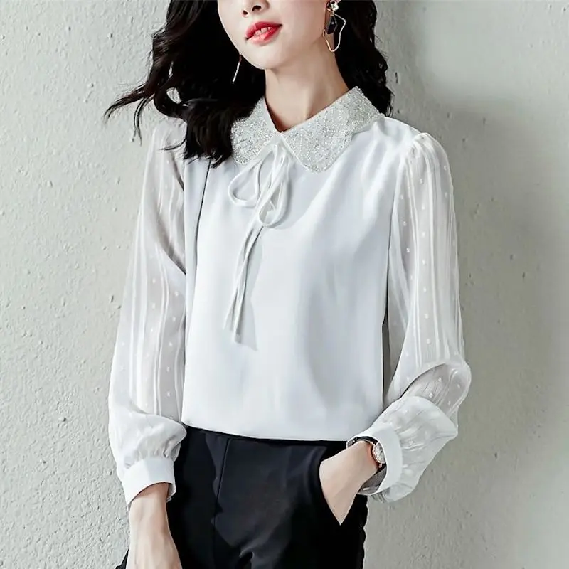 Casual Peter Pan Collar Chic Embroidered Flares Shirt Female Solid Color Spring Autumn Chiffon Spliced Korean Drawstring Blouse