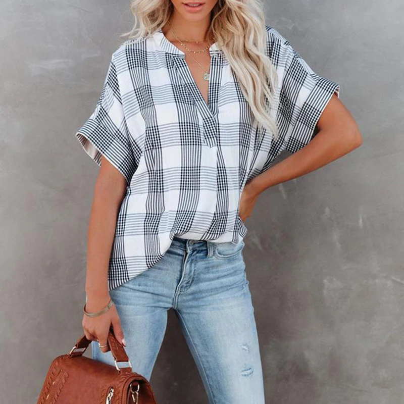 

Short Sleeve Blouse Tshirt V Neck Summer Vintage Casual Office Chiffon Blouses Loose Plaid Printed Top Womens Oversize Shirts
