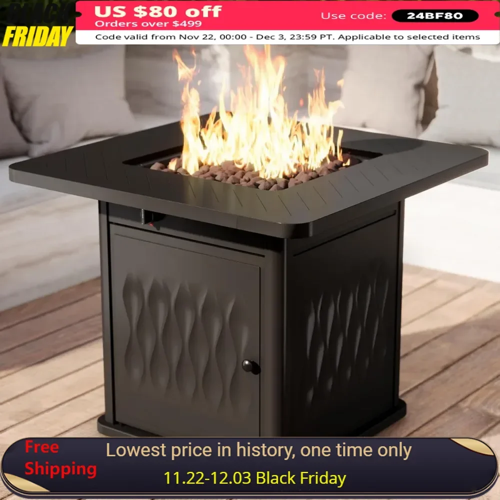 

32'' Fire Pit Table with Magnetic Lid, Cover-Storage Basket & Lava Rock, 50,000 BTU, CSA Certified, Steel Propane Fire Pit Table