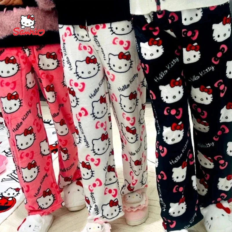 Miniso Hello Kitty Pijama de flanela menina, lã quente, calça solta, desenho preto, moda kawaii, outono e primavera