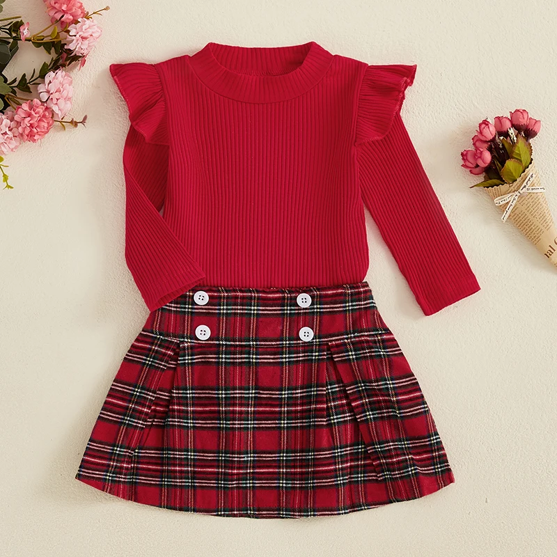 Conjunto de 2 piezas para niñas de 1 a 5 años, camisa acanalada de manga larga con volantes y minifalda a cuadros para niños pequeños, otoño y primavera