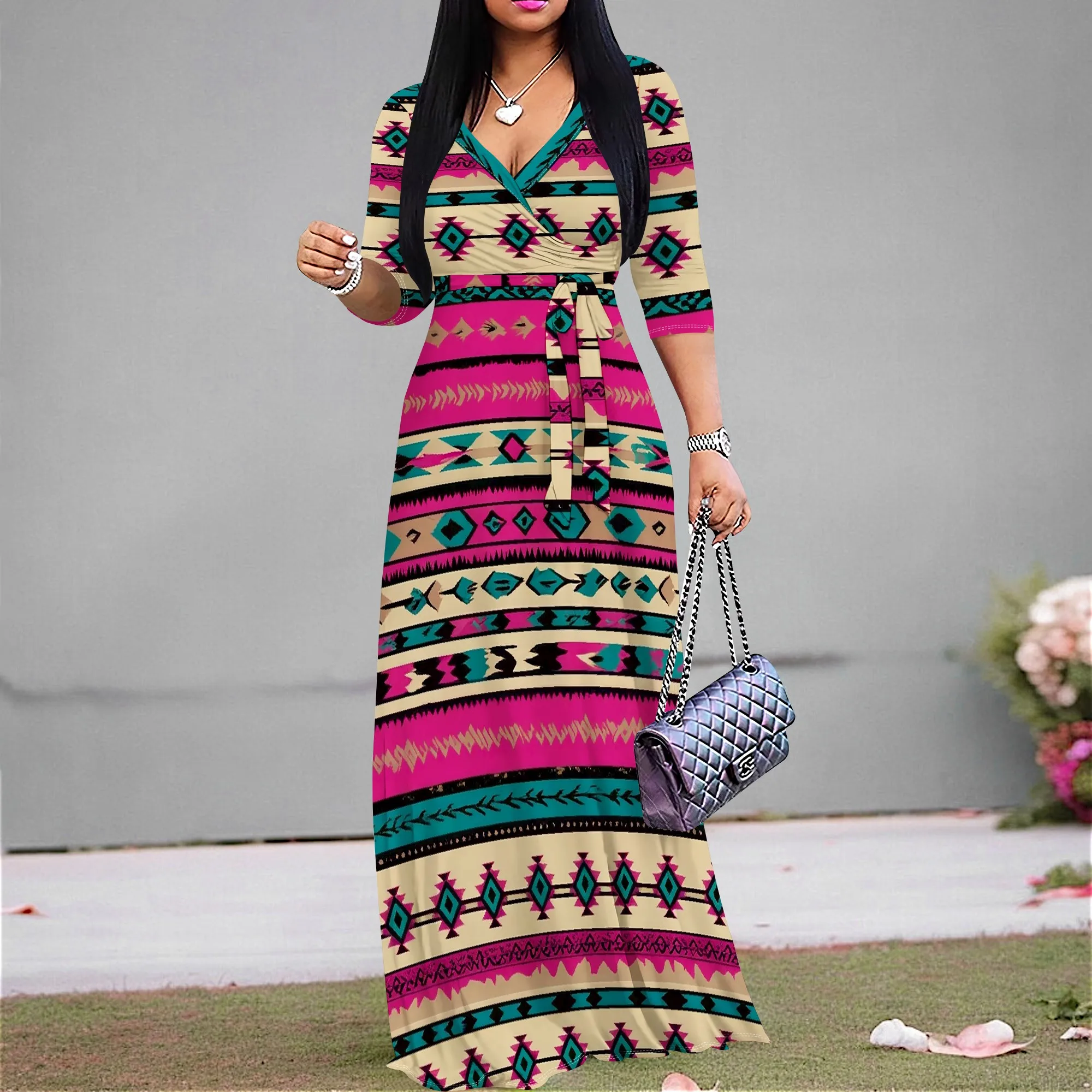 

Boho Women's Ethnic Tribal Print Maxi Dress V-Neck 3/4 Sleeve High Waist A-Line Party Dress for Vacation & Holiday XS-3XL