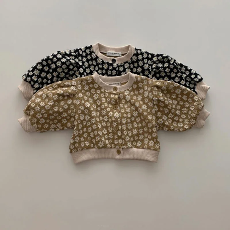Autumn New Baby Girl Floral Cardigan Coat Cotton Infant Single Breasted Loose Jacket Princess Puff Sleeve Tops Children Clothes