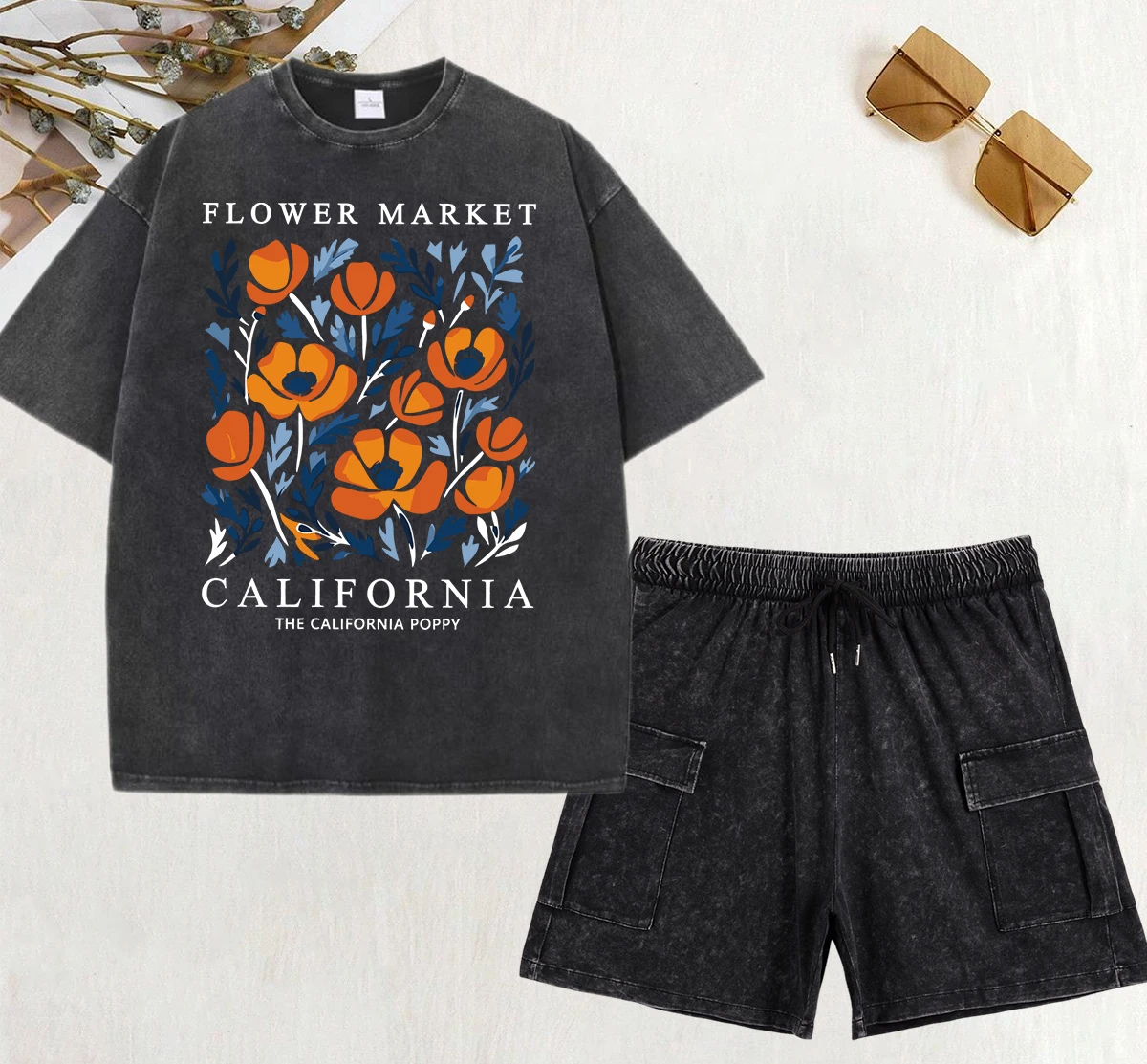 

Yellow Flowers Market California Prints Women Washed T-Shirt Sets Street Cotton Short Pants All-Match Oversized T Shirts