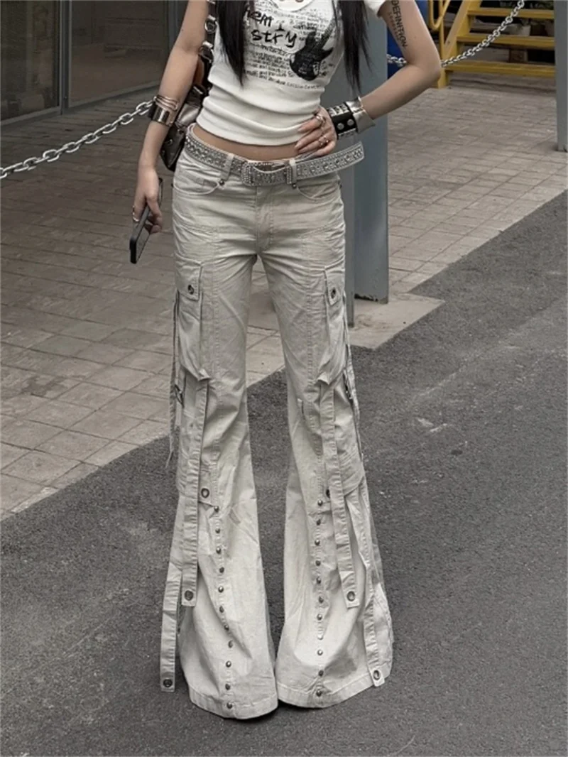 Women Goblin Core Y2k Japanese Design Harajuku Low Rise Denim Flare Cargo Pants 2000s Kpop Bell-Bottom Long Trousers Punk Jean