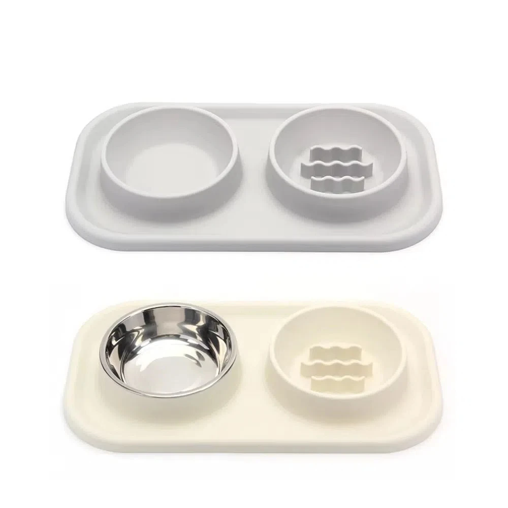

Non-toxic Double Slow Feeder Bowl Anti-knockover Shatter-resistant Silicone Pet Bowl Non-Slip with Stainless Steel Bowl