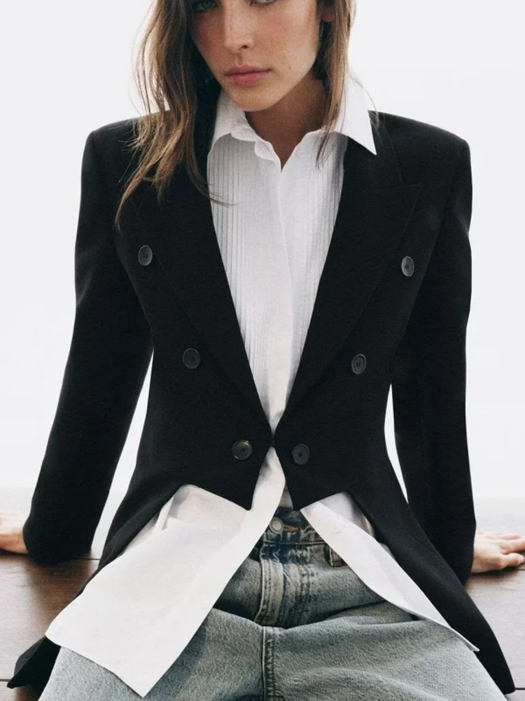 Notched Lapel Double Breasted Blazer Irregular Split Back High Low Hem Long Sleeve Solid Black Loose Formal Suit Jacket 260701