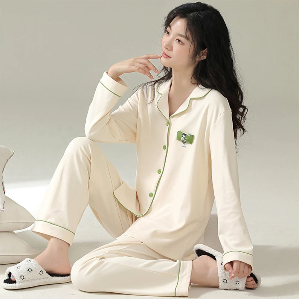 Herbst Pyjama Set Frauen koreanische lässige Baumwolle Nachtwäsche zweiteilige Homewear einfarbige weibliche Nachtwäsche Home Anzug