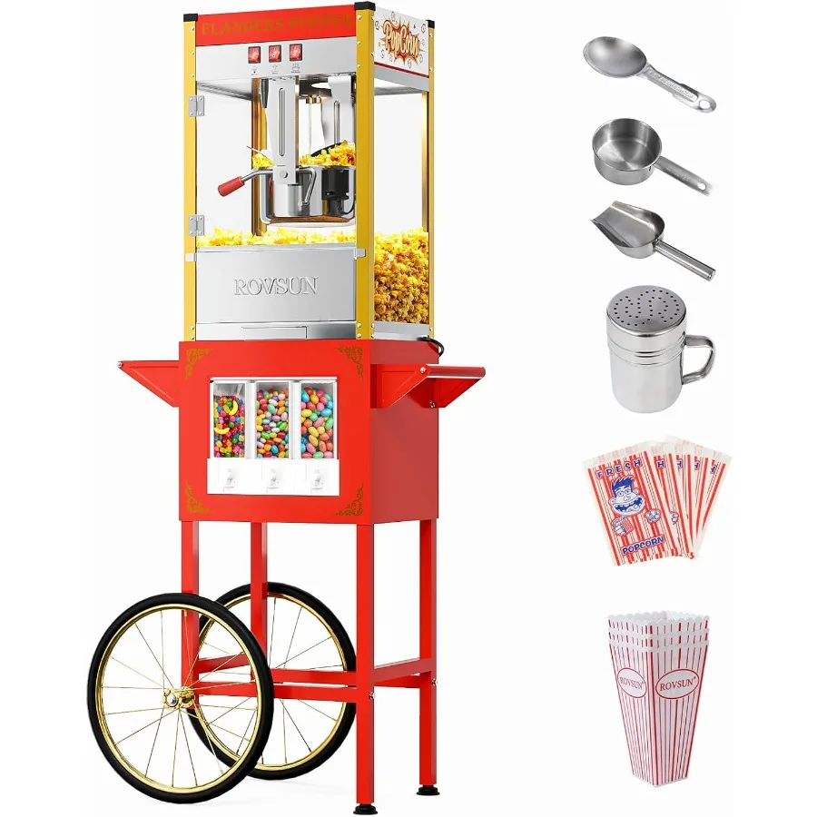 

Коммерческий домашний кинотеатр, машина для попкорна с колесами тележки, чайник на 10 унций, красный, делает до 4 галлонов, сертифицированный ETL, включает в себя Candy Di