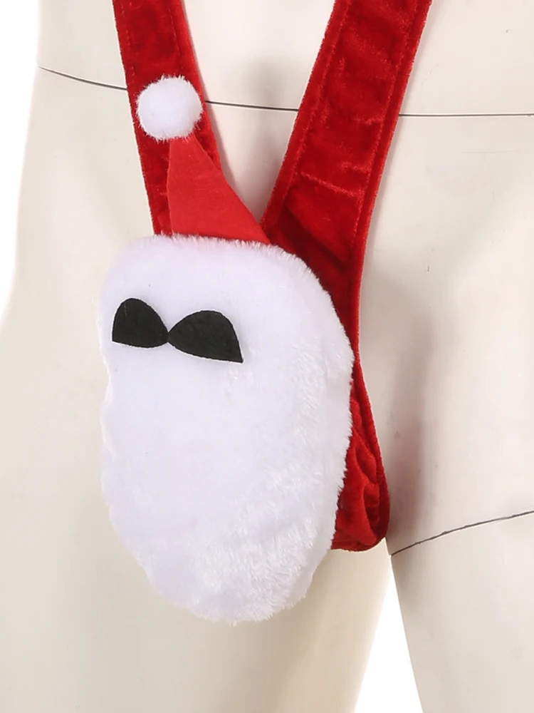 Mens Sexy Sheer T Back Open Crotch V-Shaped Bodysuit Porn Transparent Plush Lingerie Christmas Mini Panties Sissy Erotic Costume