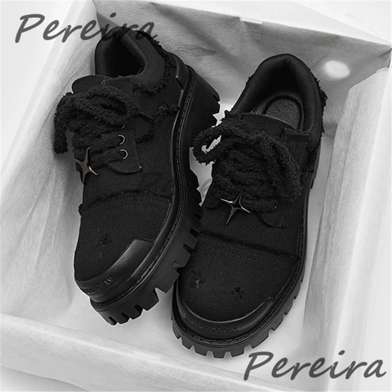 الرجال الرجعية الدنيم ديربي أحذية النمط البريطاني سميكة سوليد كبير جولة تو الدانتيل متابعة حذاء كاجوال الصيف العصرية في الهواء الطلق أحذية مشي #5