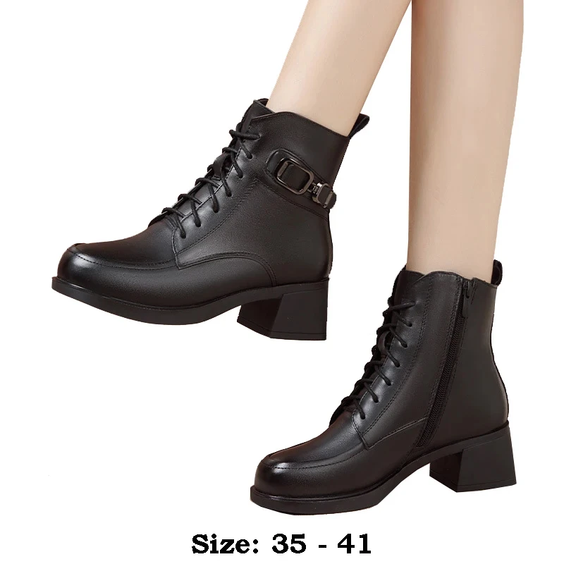 

high quality short ankle leather boots for women 5cm mid heel platform new 2025 autumn winter 35 40 41 fashion shoe - black