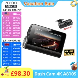 70mai Dash Cam A810S Front 4K Rear 1080P Support 4G Module GPS & ADAS Night Vision Supercapacitor Car DVR 70mai A810S