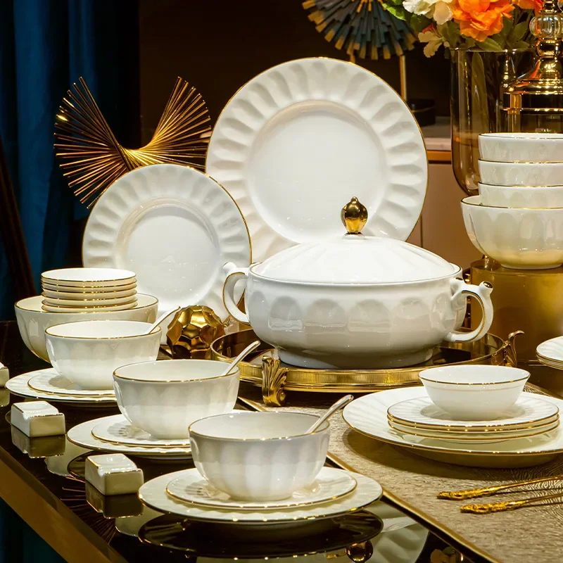 60 pieces High-grade Dinner Set Complete Tableware Set Bone China Bowl Food Plate Dinner Dishes Spoon And Chopsticks Set