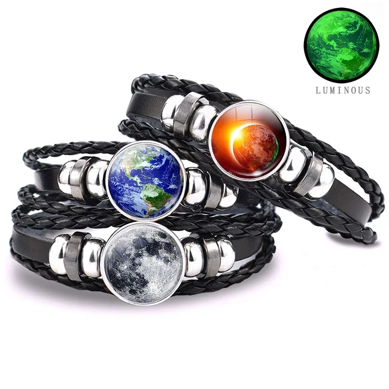 Luminous Earth Moon Solar Eclipse Black Leather Bracelet Glowing Jewelry Bracelets Universe Sun Jupiter Bracelets Gifts