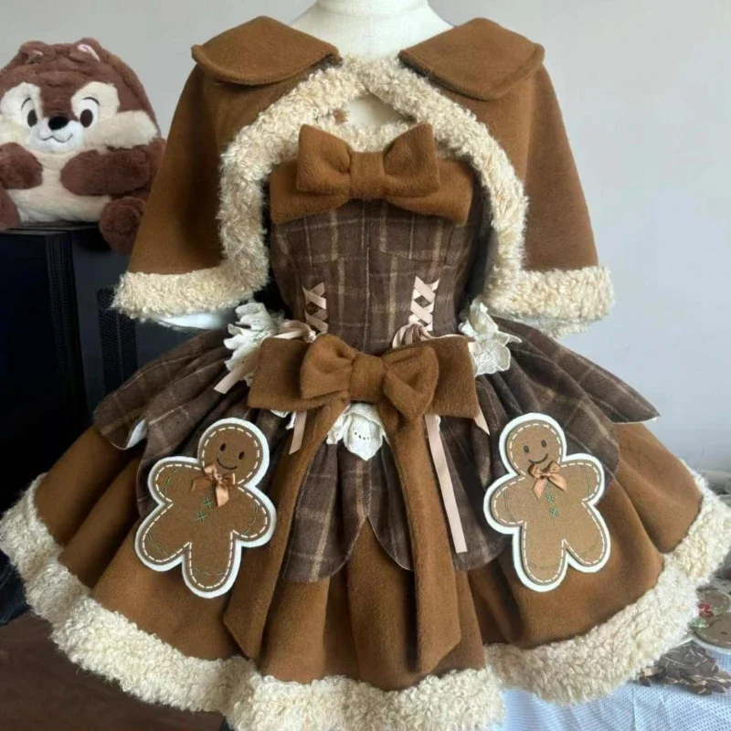 Winter Japanese Sweet Lolita Brown 2 Piece Set Chic Cape+Cute Bow Dress New Fashion Harajuku Kawaii Women Warm Clothes Suit 2024