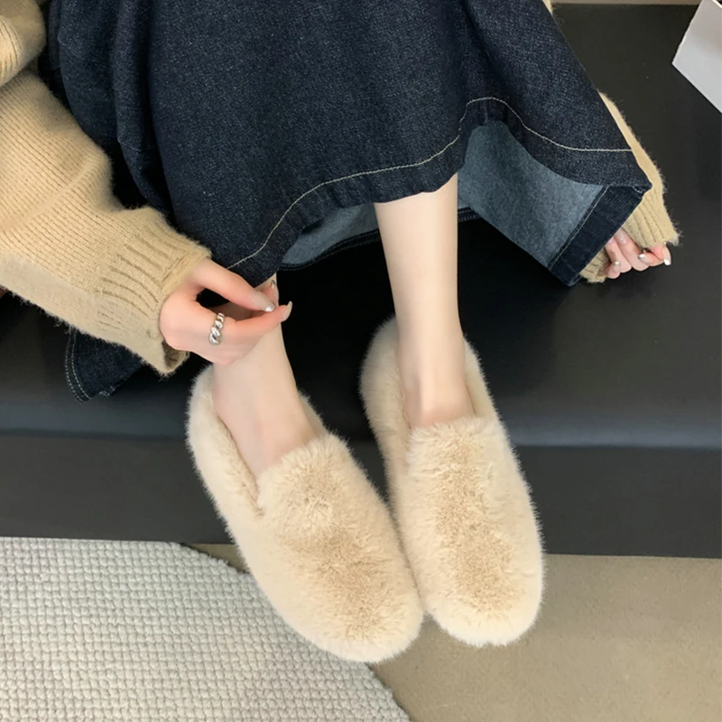 ZOOKERLIN Winter Women Fur Slippers Warm Boots Platform Pumps 2024 Short Plush Flats Home Cotton Shoes Suede Mules Ladies Boots