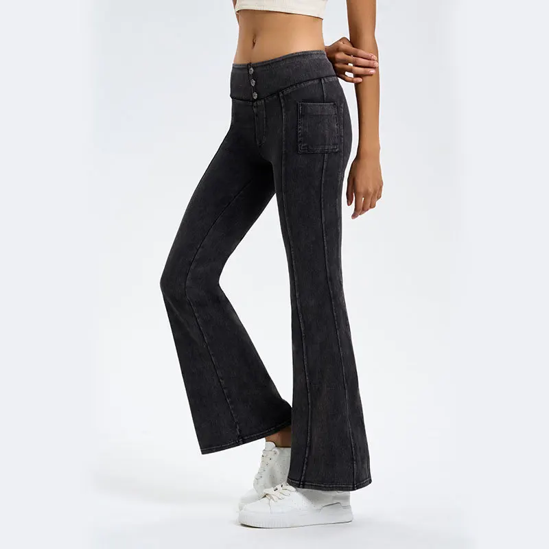 Women Autumn Winter High Waist Denim Look Yoga Flare Pants High Elastic Tummy Control Pockets Fitness Casual Trousers