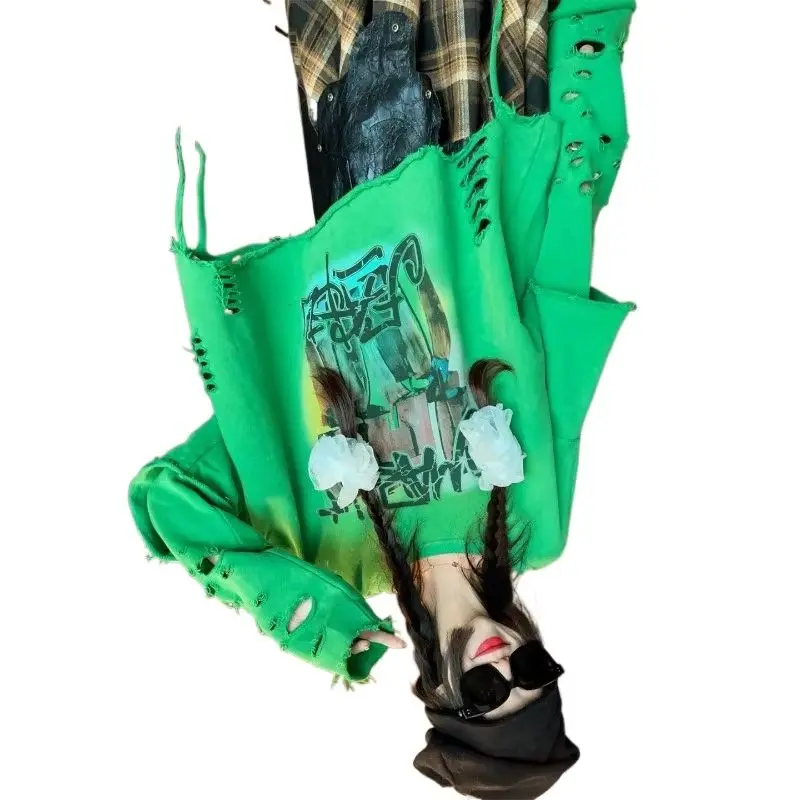 Extra Large Size 145KG Korean Version Fashion Ripped Long-sleeved Sweater Women's Spring Autumn New Loose Casual Versatile Top