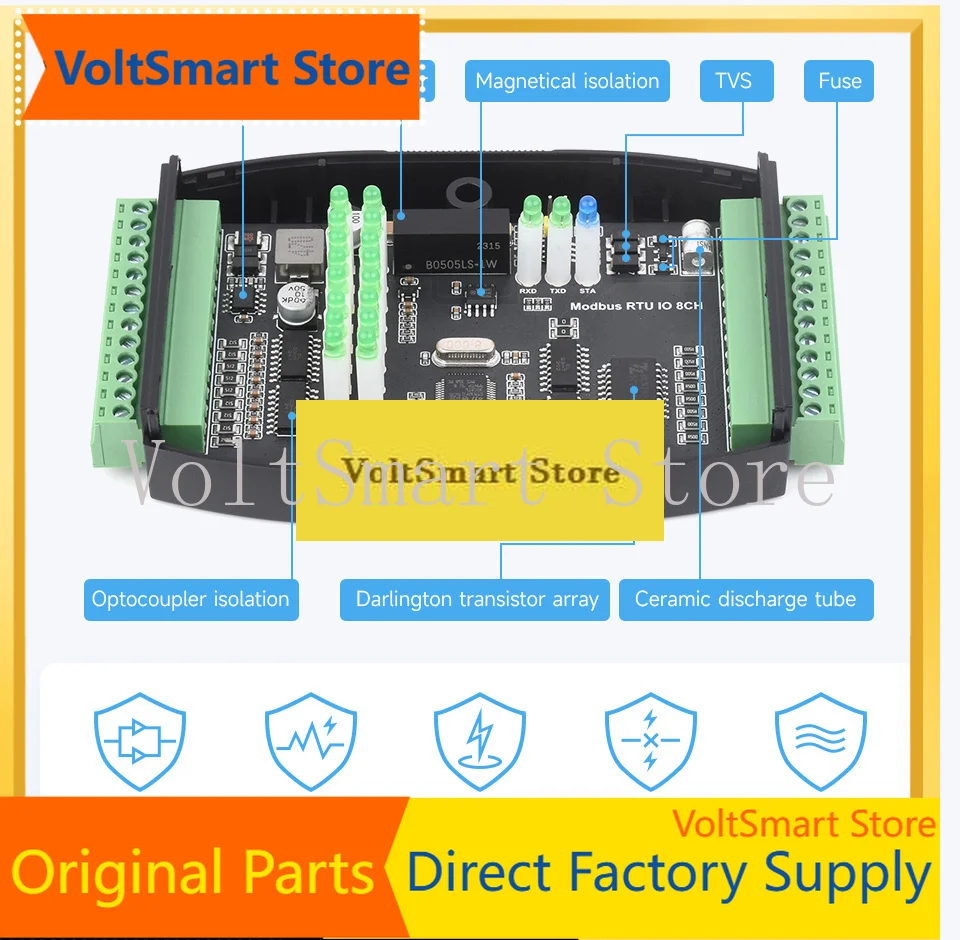 VoltSIndustrial 8-Ch Digital Input & Output Module, DC 7~36V Wide Voltage Power Supply, Modbus RTU Protocol