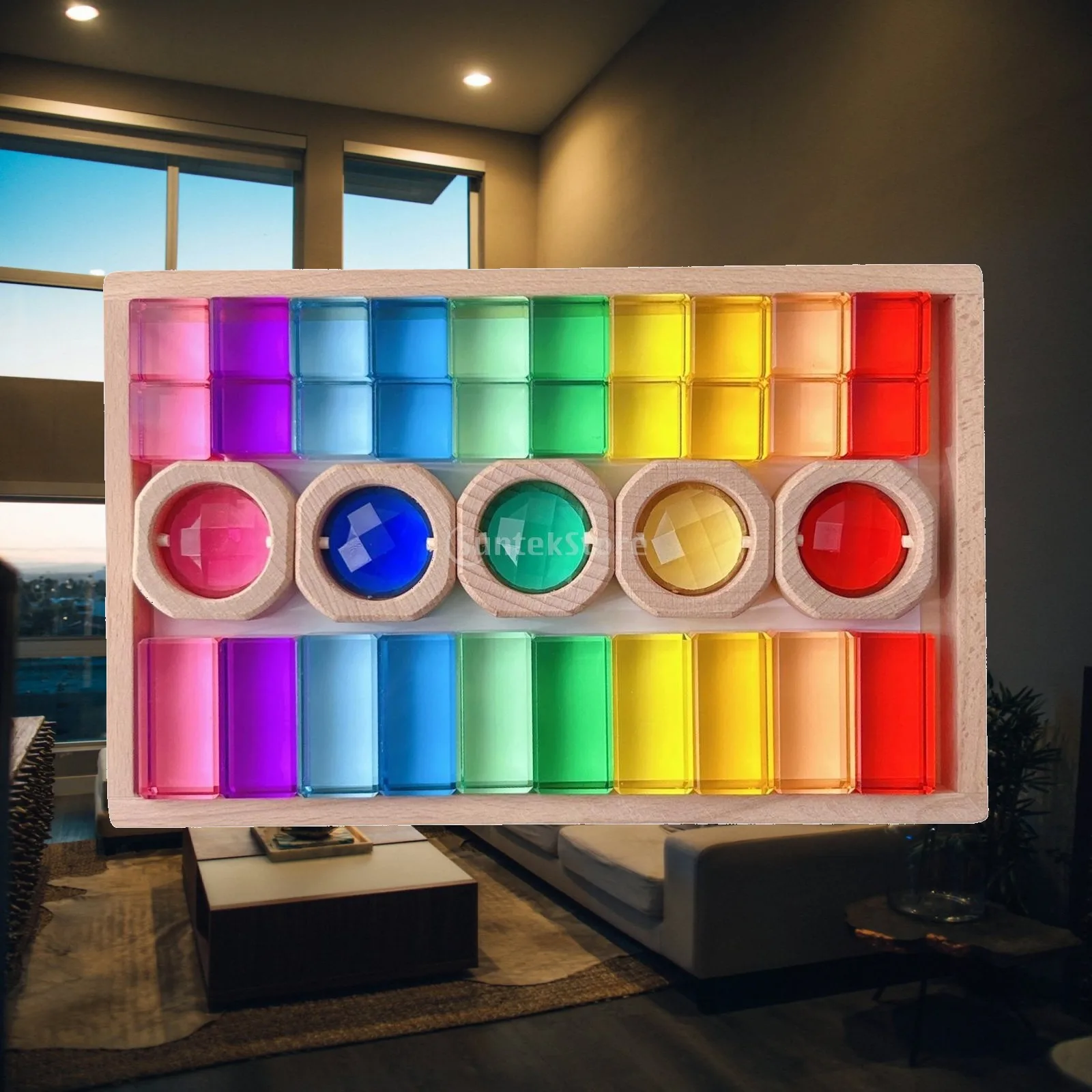 Sensory Toy for Kids Colorful Acrylic Wooden Gem Blocks Stacking Game Rectangle Learning Set Creative Translucent Building