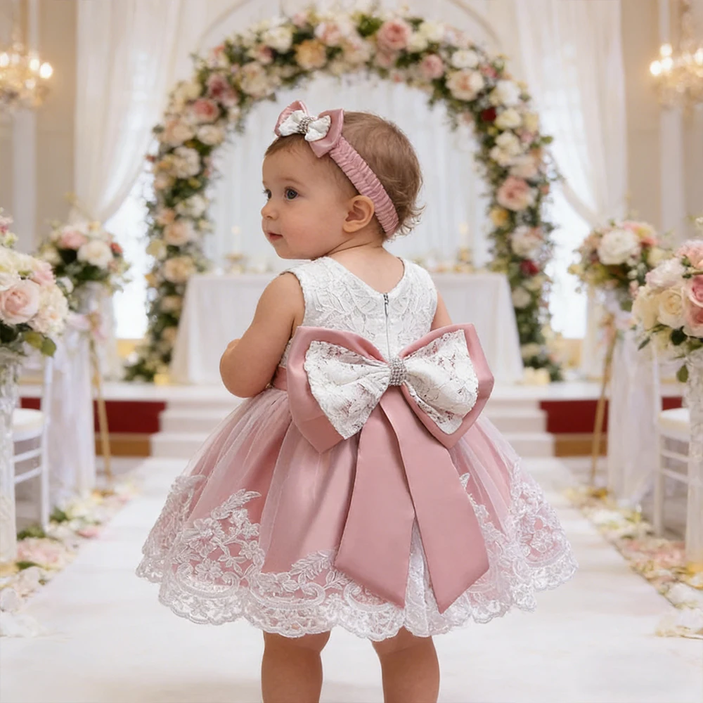 Vestido de Princesa de Renda para Recém-Nascidos de Verão, Vestido Elegante Infantil para Festa de Aniversário, Batizado, Vestido Branco de Casamento com Laço e Tiara