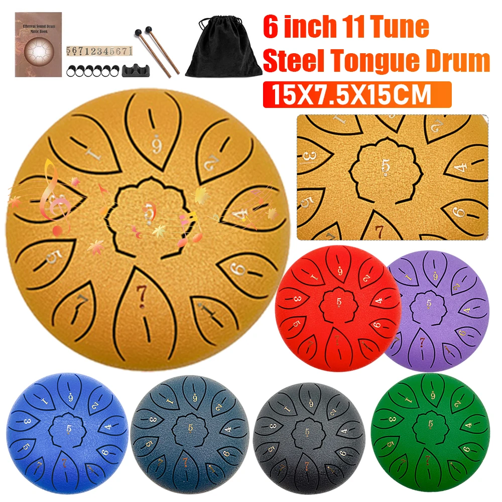 6Inch 11 Notes Steel Tongue Drum With Drumsticks Yoga Meditation Drums Portable Rain Hollow Hand Pan Drum Percussion Instruments