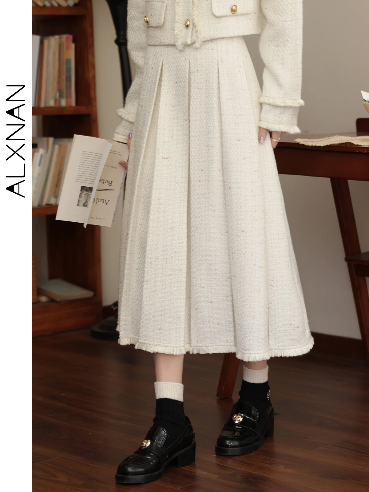 

ALXNAN Women's Tweed Midi Skirts A-line Beige Slimming Trendy Skirt 2024 Fall Winter Commuter Clothes Sold Separately LXN31977