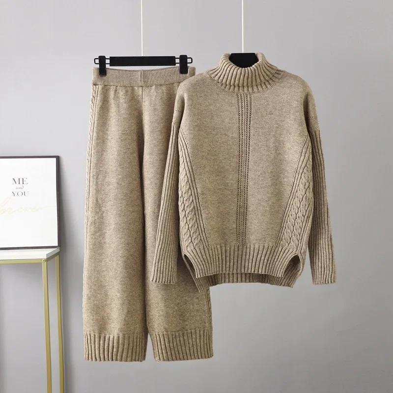 Damen 2-teiliges Set aus Rollkragenpullover und Mantel, Lässige Weite Hose mit Elastischem Bund, Herbst-Winter-Outfit – Detail 11