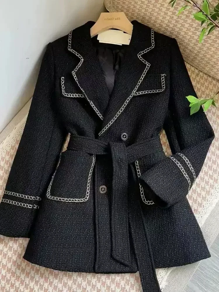 Tweed-style Blazer Coat for Women Winter Thickened Padded High-end French Audrey Hepburn Inspired Wealthy Heiress Black Overcoat