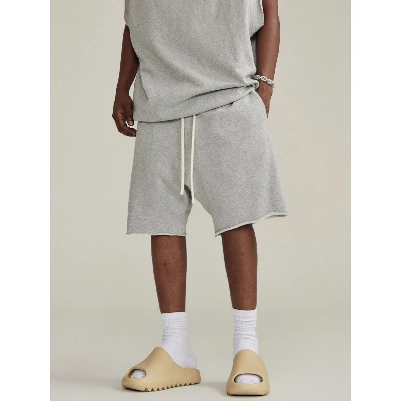 

American Style Men Roll Edge Shorts Drawstring Elastic Waist Loose Breathable Casual Gym Running Streetwear Knee Length Shorts