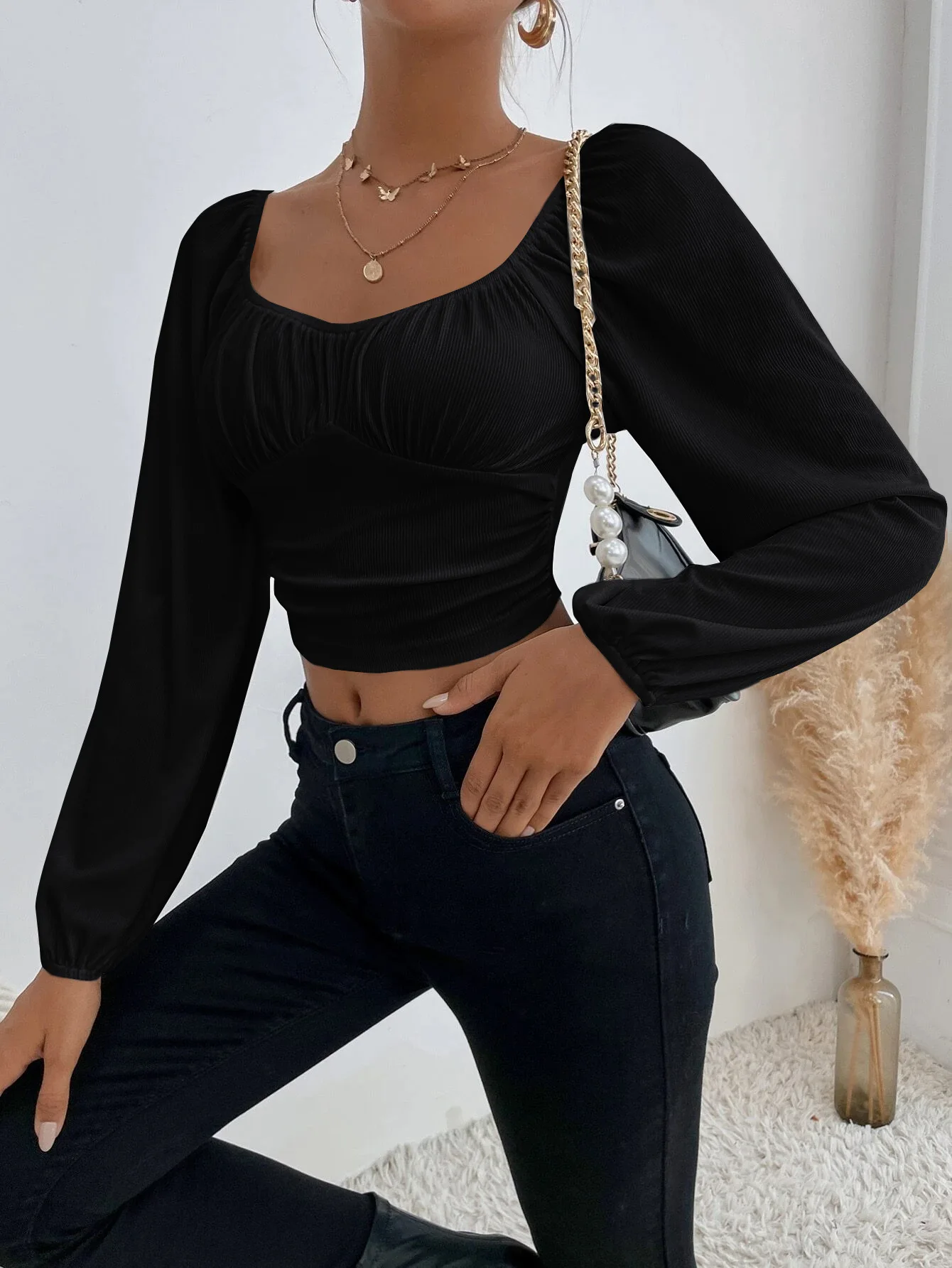 Women Ruched Front Long Sleeve Shirt Plain Square Neck Crop Blouse Summer Spring Ladies Basic Outfit