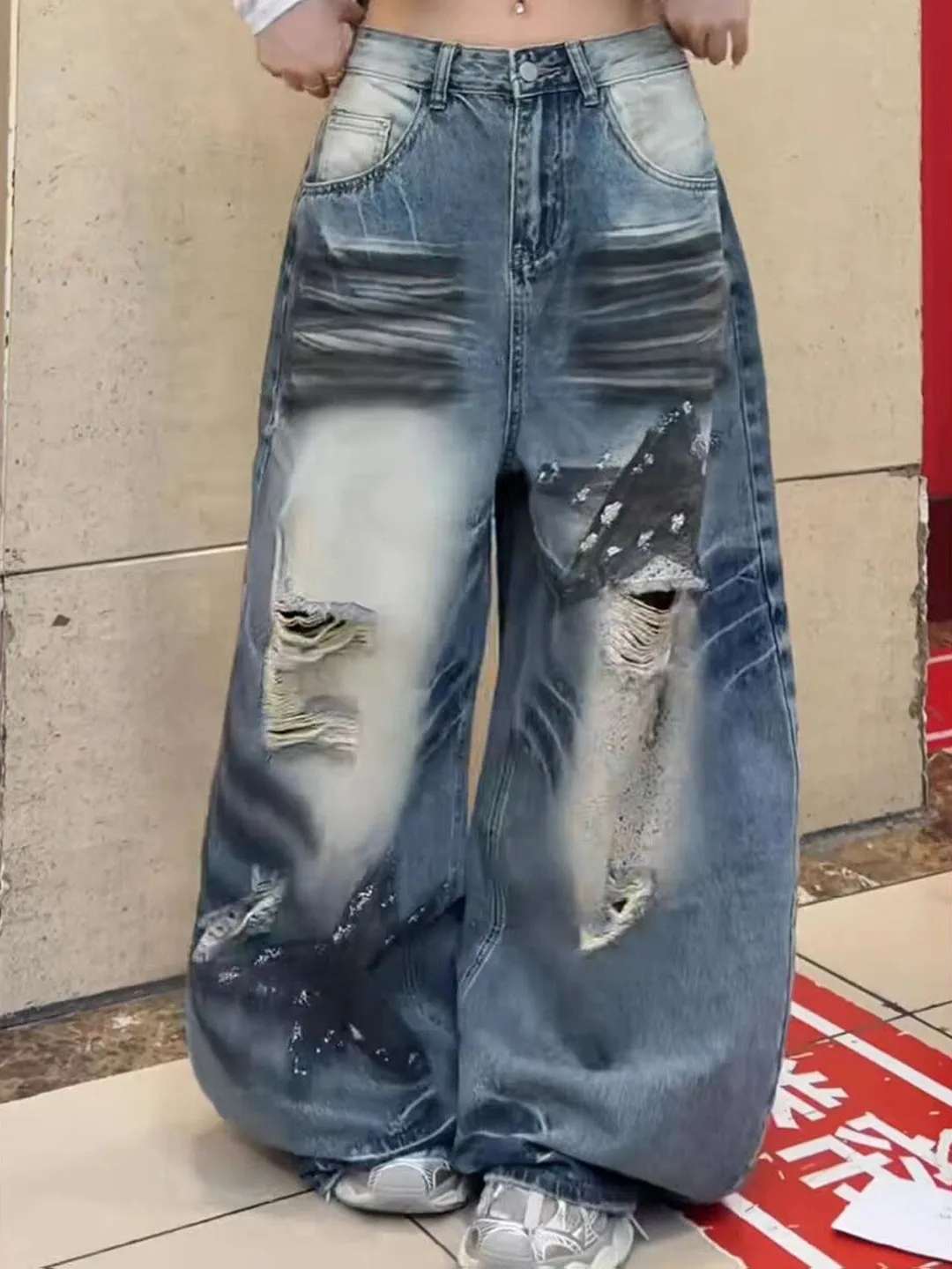American Retro Star Print Hole Wide Leg Denim Jeans Women's New 2026 Bend Knife Pants High Waist Comfortable Blue Jeans