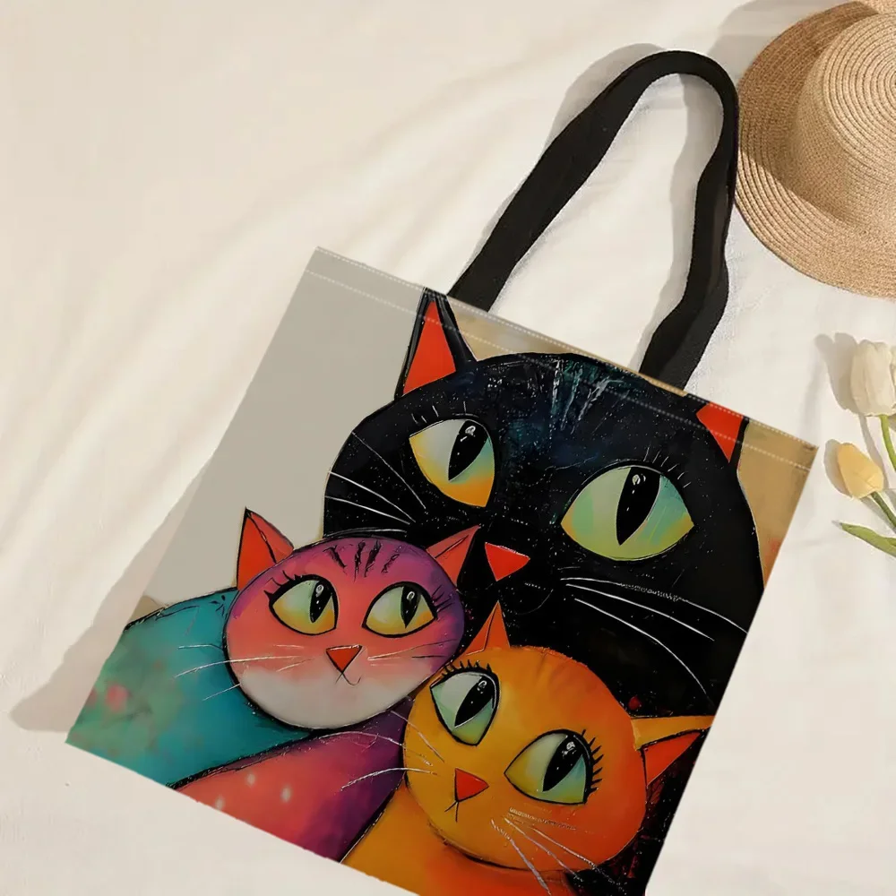 1 Stück gestapelte Katzenhandtasche, wiederverwendbare modische Handtasche, multifunktionale Handtasche, bedruckte Einkaufstasche aus Segeltuch – Detail 6