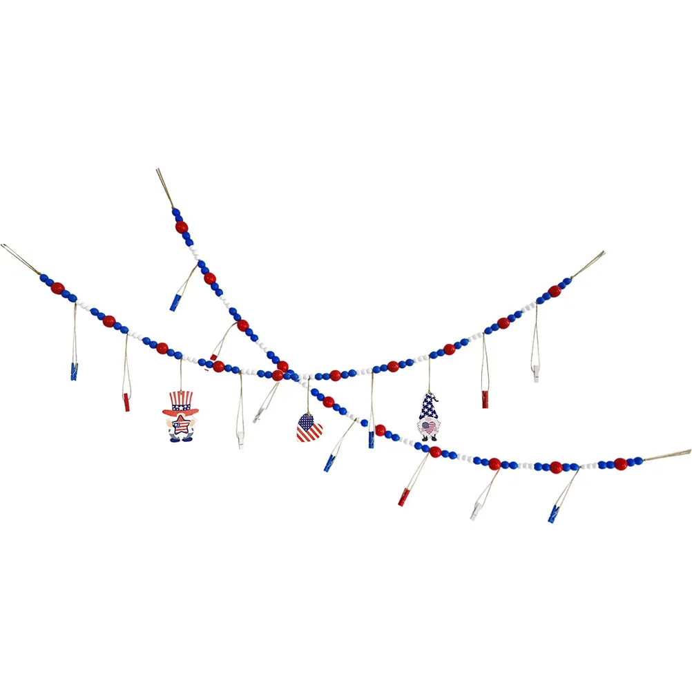 2Pcs Independence Day Wood Bead Garland Photo Clips Hanging Photo Holder Rustic Decor Perfect for 4Th of July Wall Display