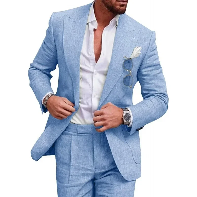 

LIBIELIY High Quality Linen Suits For Men 2 Piece One Button Male Suit Slim Fit Fashion Casual Wedding Party Solid Smart Casual