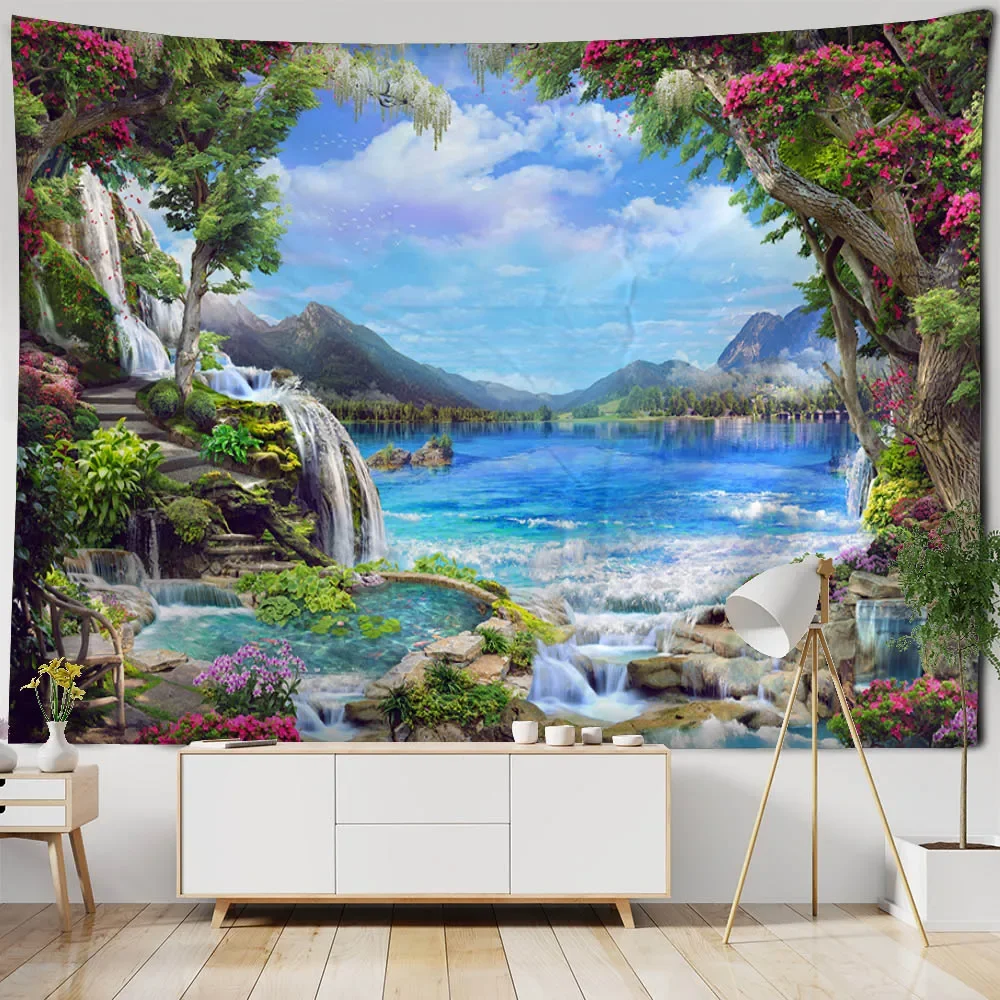 Beautiful Garden Landscape, Tapestry, Home Art Decoration Wall Mounted Fairy Tale Posters Fantasy Sea View Room Background Cloth