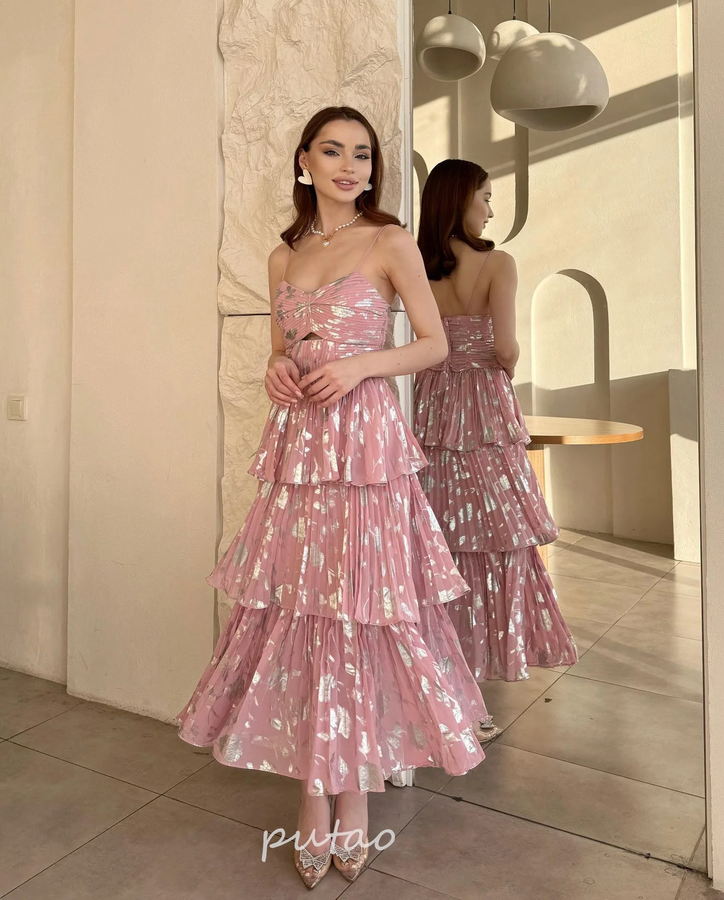 

Putao Spaghetti Strap Cocktail Dresses Sequins Print Ruffled Fshion Prom Dress Saudi Arabia Women Wear Prom Dresses 2024