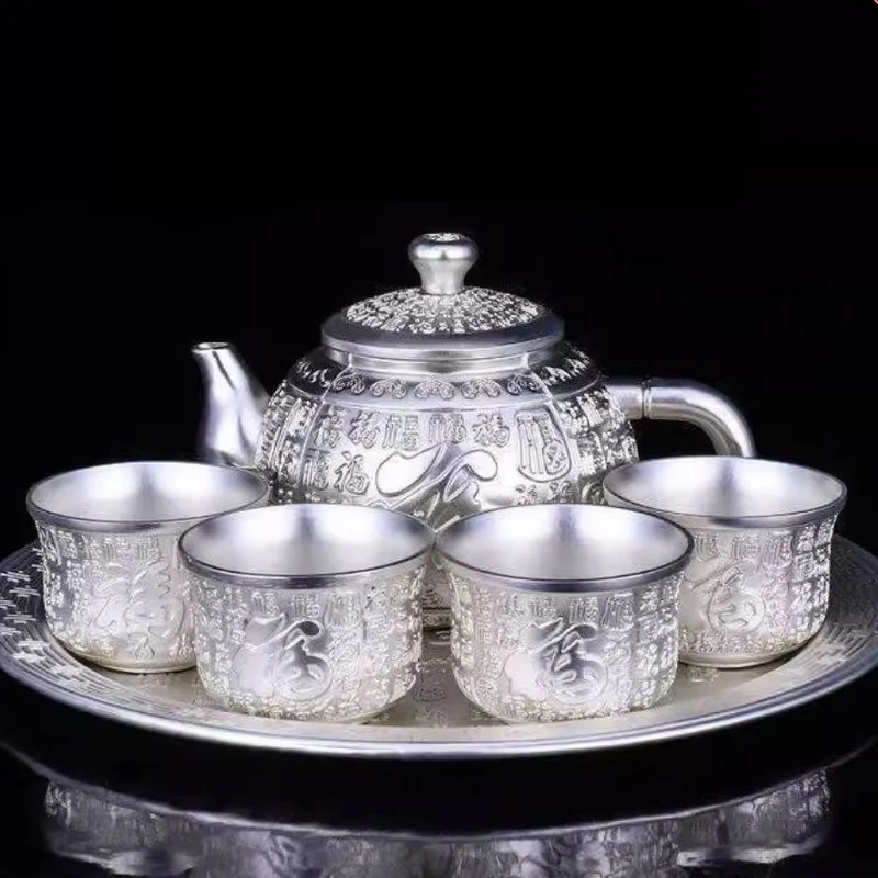 Sterling silver tea set 999 sterling silver tea set full silver wine set 1 plate 1 Pot 4 cups kung fu tea set Chinese style