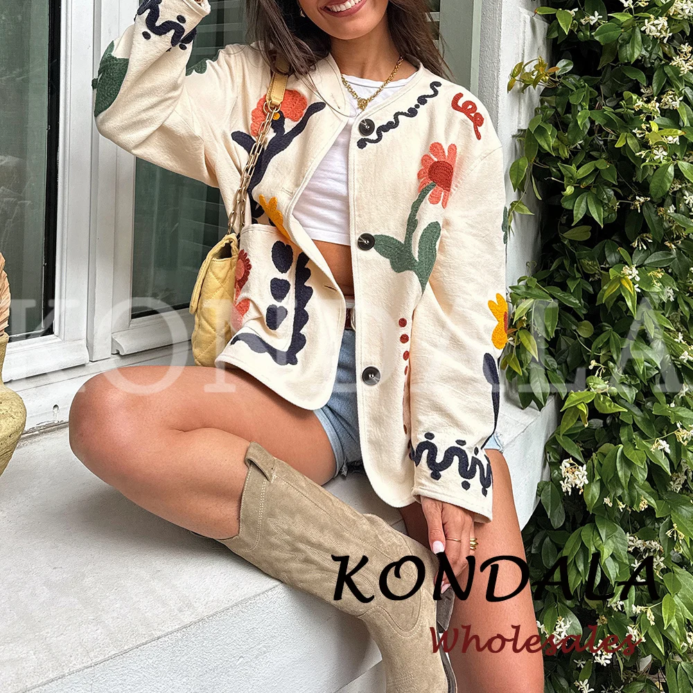 KONDALA Chic 2026 Vintage Autumn Modern Flower Embroidery Jacket Streetwear Pockets Single Breasted Loose Casual Female Outwear