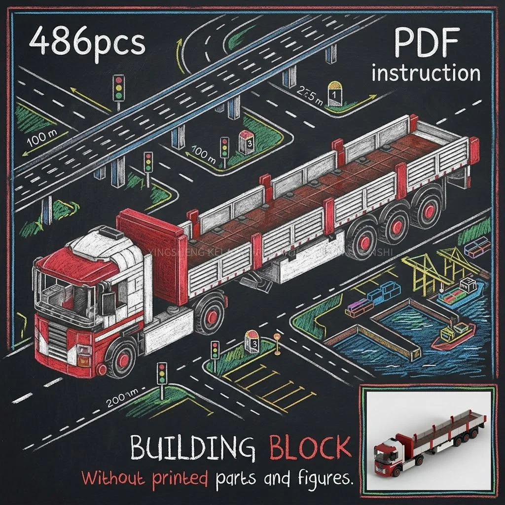 

Red White 8x4 Long Flatbed Cargo Truck with Triple Axle Trailer MOC Block Model