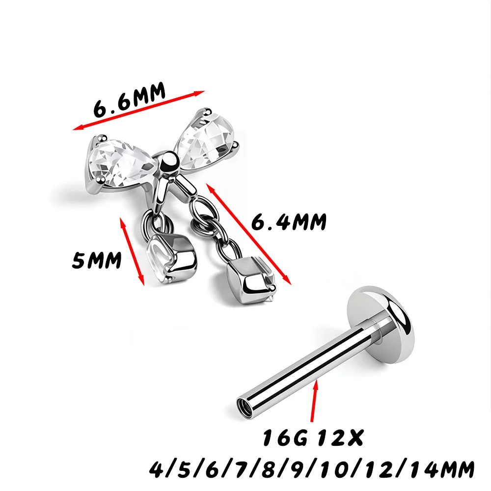 ASTM F136 Titanium Bow Dangle Labret Stud Pink Blue Clear Zircon Cube Chain Pendant Helix Tragus Cartilage Piercing Jewelry