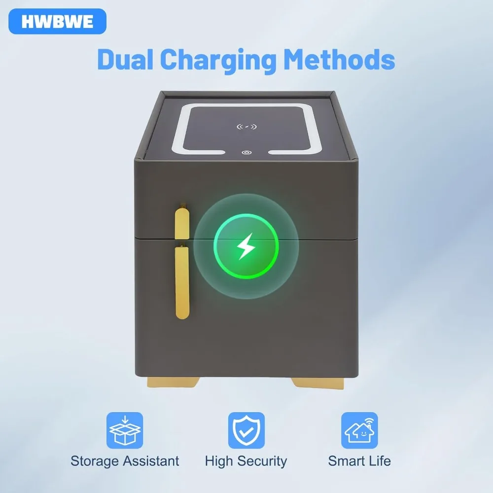 โต๊ะข้างเตียงพร้อมไฟ LED ชาร์จไร้สาย พร้อมกุญแจล็อคแบบผสมผสาน โต๊ะอเนกประสงค์ทันสมัยพร้อมไฟ LED 3 สี และที่เก็บของที่ปลอดภัย