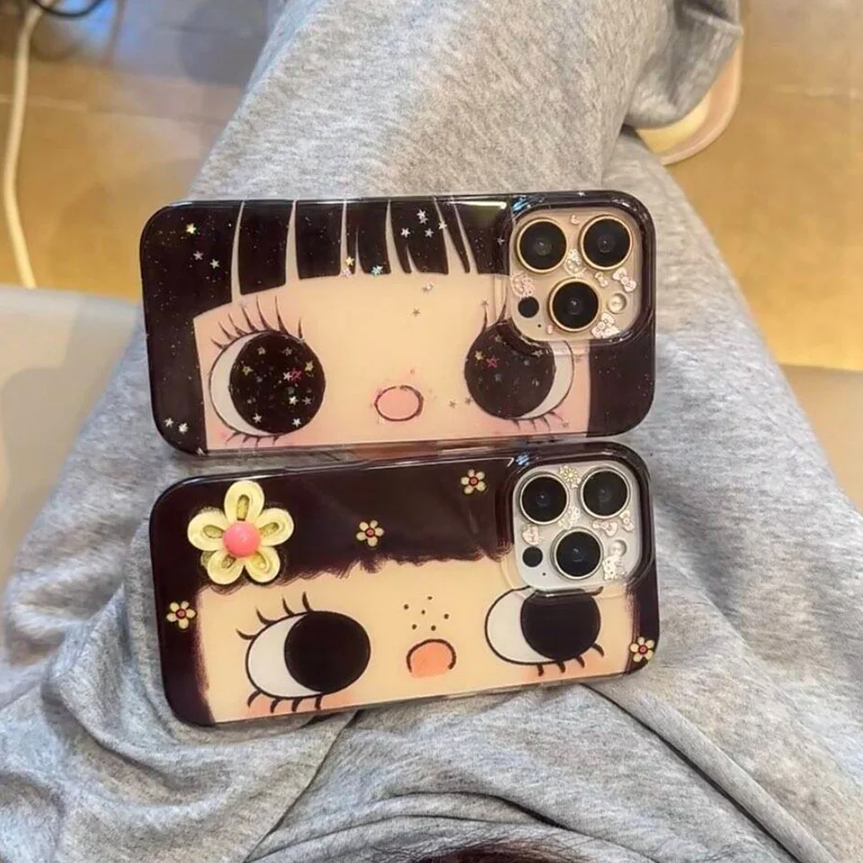 Funda con textura de pluma para iPhone 17e 17 16e 16 15 14 13 12 11 Pro Max Xs XR XSMax Air Plus, diseño de chica de ojos grandes 4