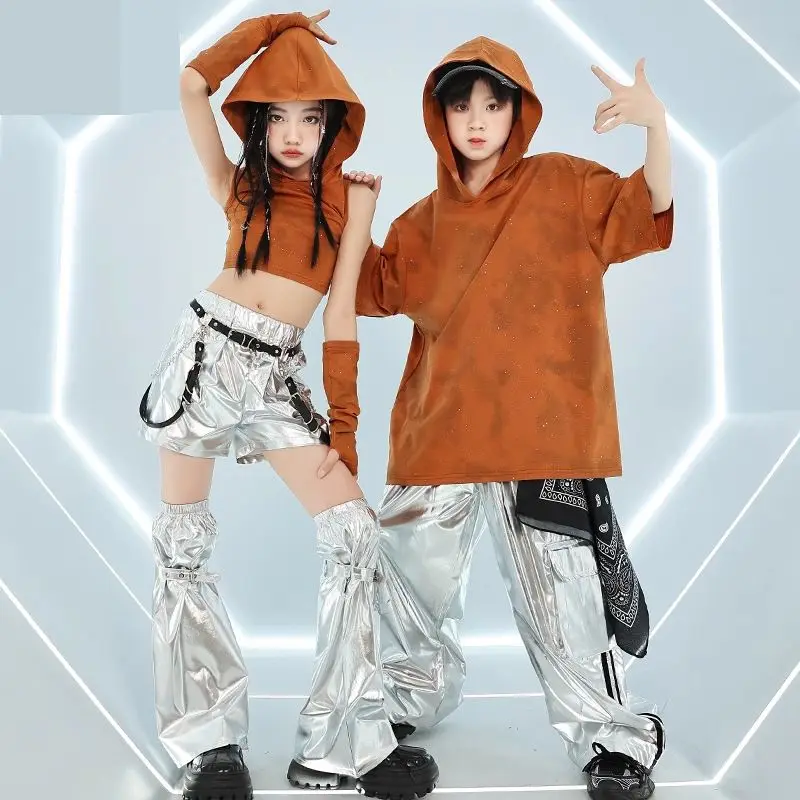 Kids Hip Hop Costumes Sets Girls Boys Splicing Orange Shirt Shorts Cargo Pants Outfits Kids Performance Street Dance Clothing