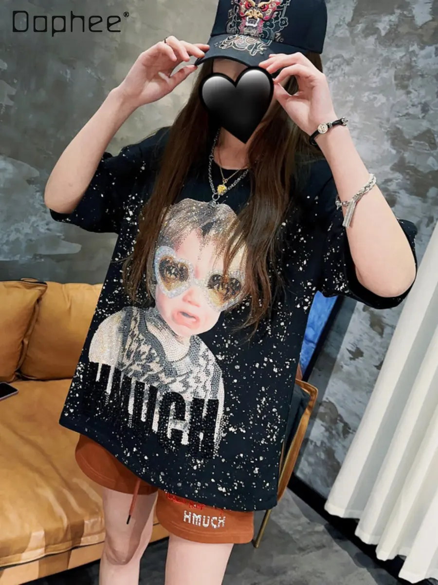 2023 Spring Summer Light Luxury Fashion Brand Rhinestone T-shirt Top Women's Cartoon Short Sleeve Hip Hop Round Neck Pullovers