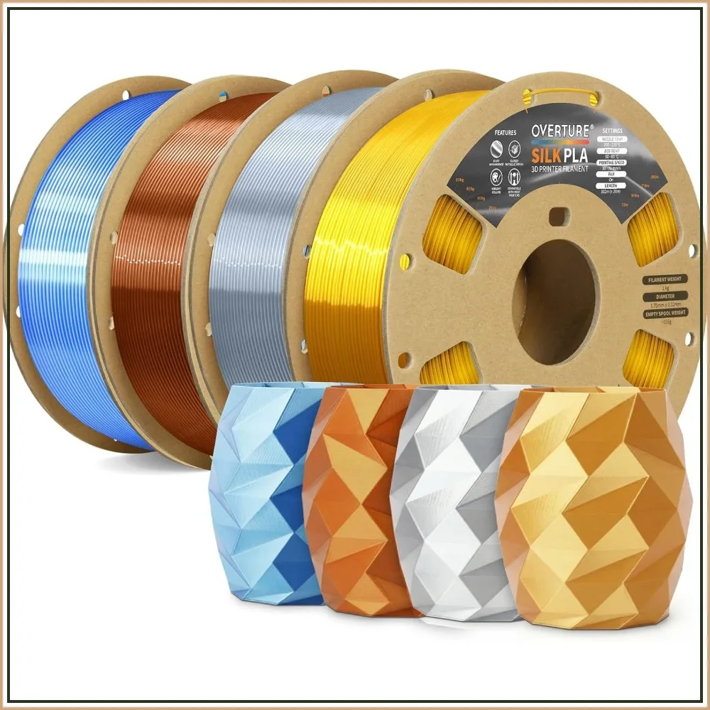 

Silk PLA Filament Bundle, 4 Rolls 1kg Spool - Shiny Metallic Gold, Silver, Copper, Blue-Silver for 3D Printer